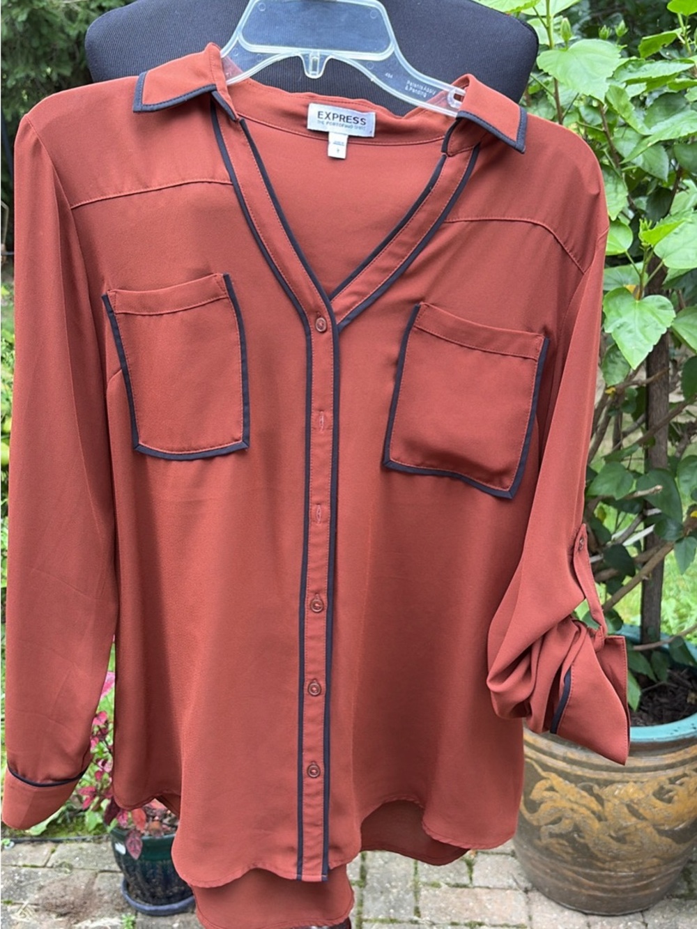 Express Women's Rust Button-Down Blouse with Contrast Trim